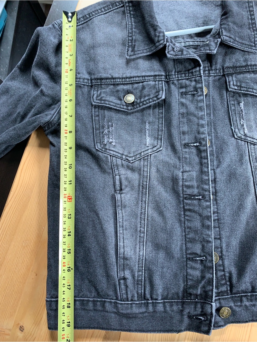 Stretch Denim Trucker Jacket Size M Charcoal Gray Distressed Gold Buttons Y2K - Picture 11 of 12